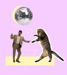 Contemporary art collage. Cheerful man in retro suit dancing with giant cat under disco ball...