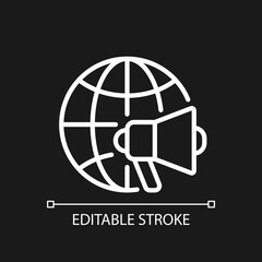 Global marketing pixel perfect white linear icon for dark theme. Worldwide market. Attract foreign customers. Thin line illustration. Isolated symbol for night mode. Editable stroke. Arial font used