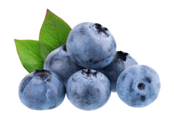 Fresh blueberry with green leaves, isolated on white background. Bilberry or whortleberry berries. Collection. Clipping path.