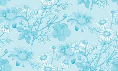 Fototapeta na wymiar Blue flowers. Seamless pattern. Suitable for fabric, wrapping paper and the like. In style Toile de Jou.
