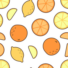 Vector seamless pattern with fruits. Abstract repeating background. Orange and lemon.