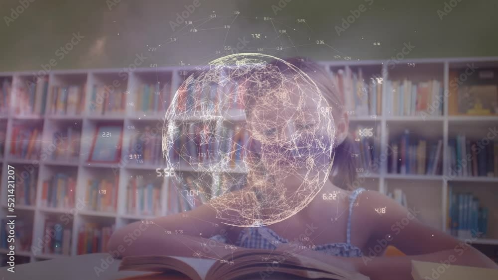 Poster Animation of digital globe with numbers rotating over caucasian girl reading book in library