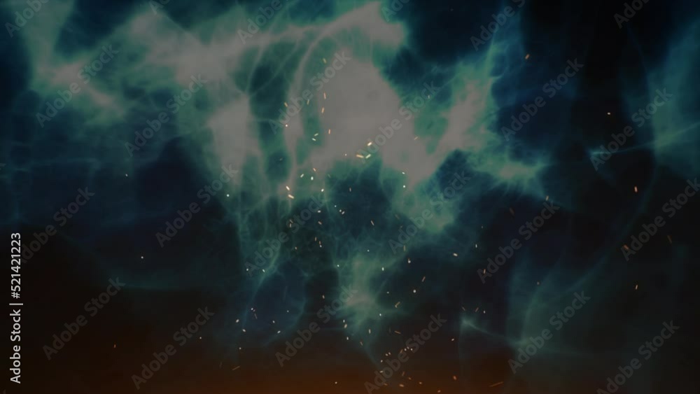 Poster animation of digital fire sparks moving in seamless loop against abstract