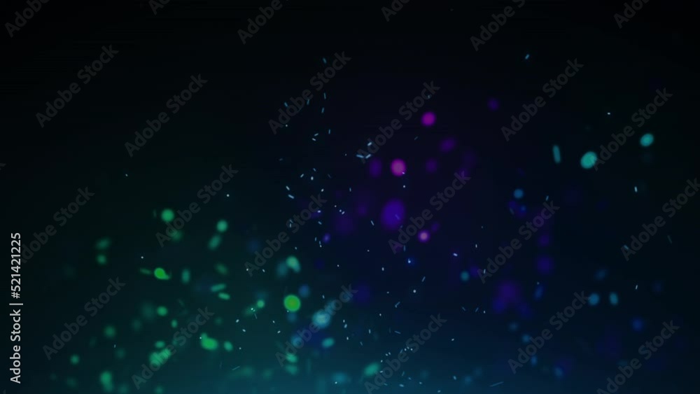 Poster animation of colorful particles moving in seamless loop over black background