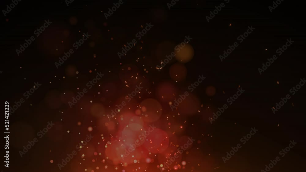 Poster animation of digital fire sparks and lens flares moving in seamless loop over black background