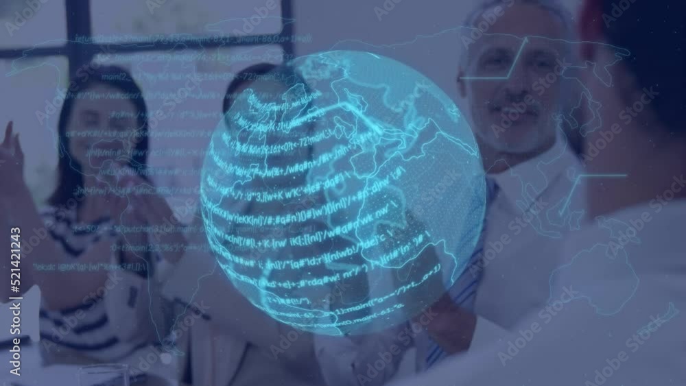 Poster animation of globe with data and map moving over business people clapping hands in meeting