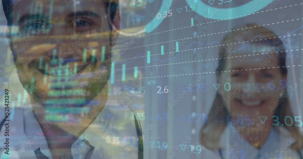 Sticker animation of digital graphs and numbers moving over portrait of cacuasian happy doctors in hospital