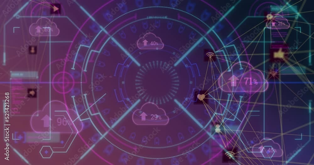Poster animation of digital profile icons connecting with lines and clouds with numbers and arrows