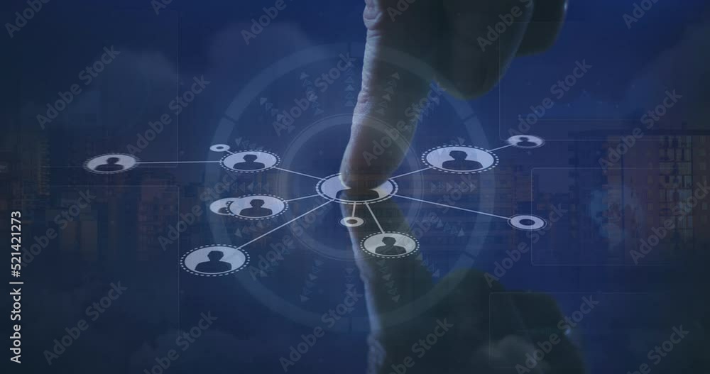 Poster cropped finger touching on profile icons interconnecting with lines over buildings and clouds