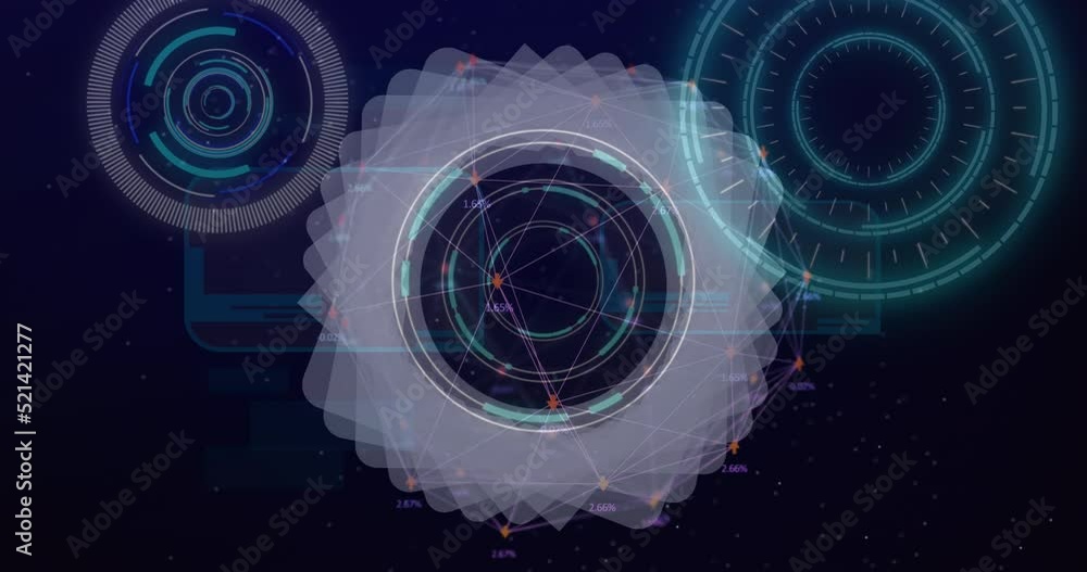 Aufkleber animation of digital circles and dots interconnecting with lines on abstract background