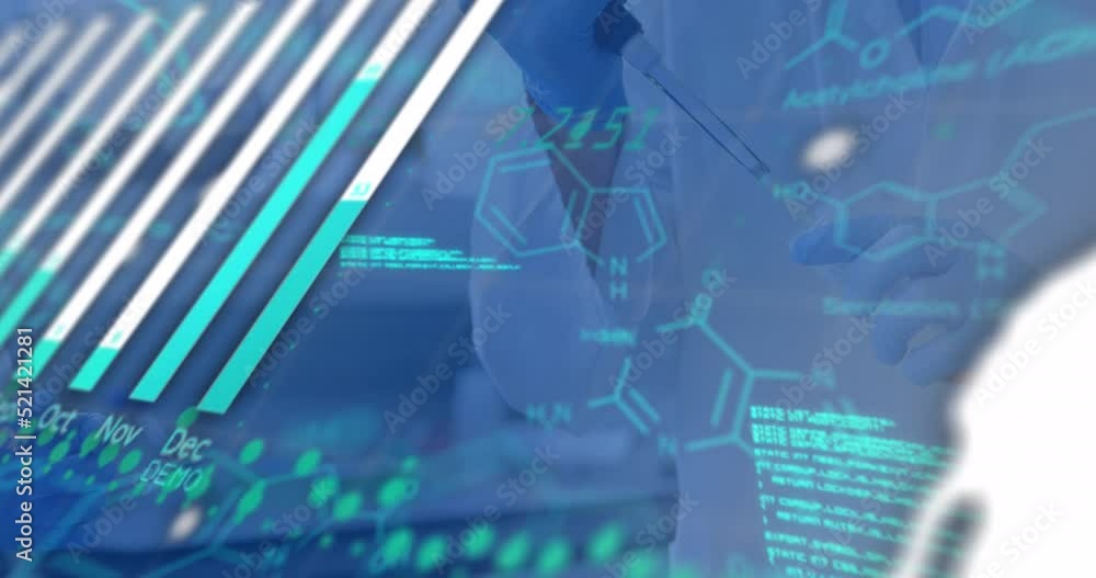 Poster animation of digital globe, multiple graphs, programming data, molecular structure over scientist
