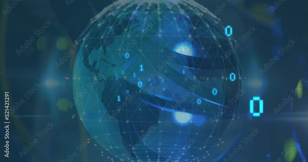 Poster animation of grid patterned globe with binary codes against abstract background
