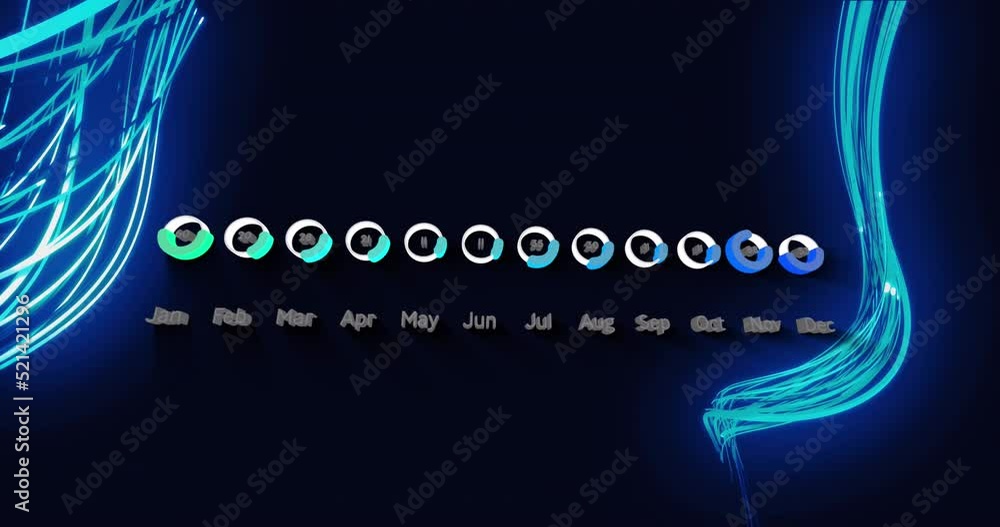 Poster animation of digital months text and pie charts with illuminated light stripes on black background