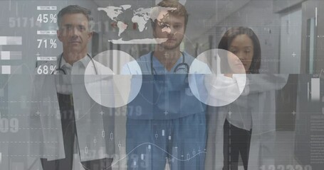 Animation of digital infographic interface moving over portrait of confident multiracial doctors - Powered by Adobe
