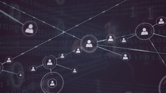 Animation of profile icons interconnecting with lines over binary numbers