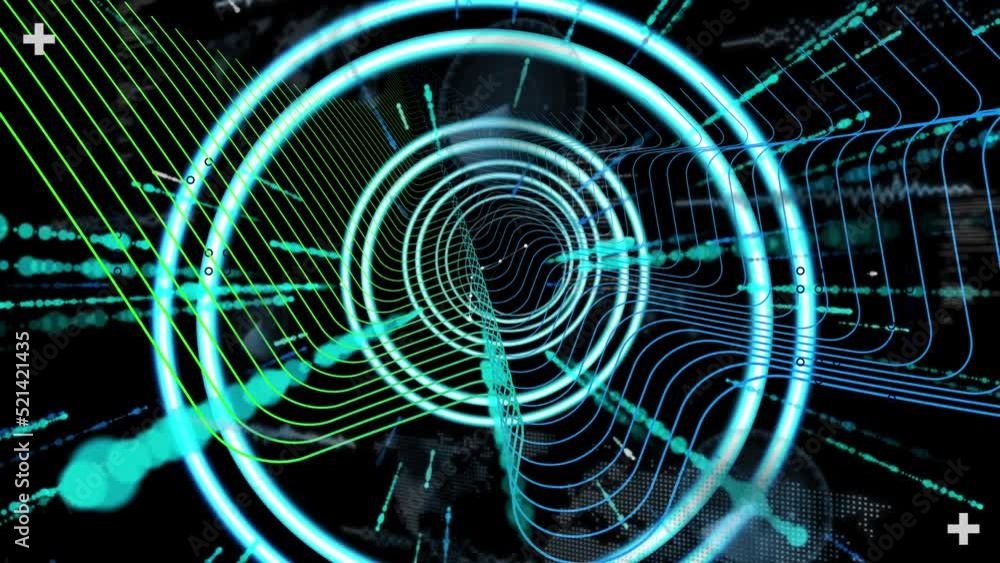 Aufkleber animation of circles zooming with light beams, 3d wire mesh, network connecting dots on interface