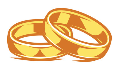Two gold wedding rings. Template, element for design of polygraphy on theme of the wedding. Vector color, editable illustration