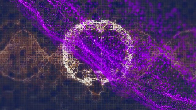 Animation of 3d neon purple particle waves moving, human brain, dna on computer graphic background