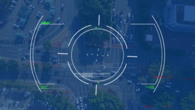 Animation of hud processing over vehicles moving on city street