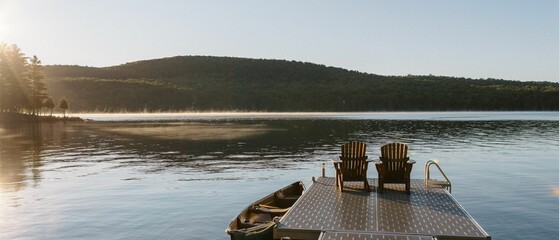 Panoramic view of the idyllic lake in Canada with a small boat and chairs on the shore