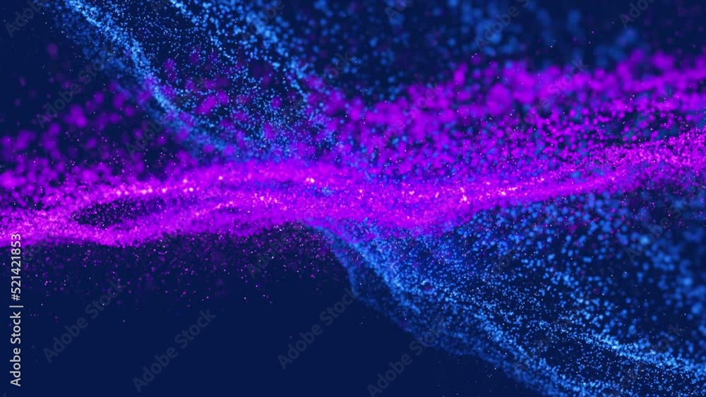 Poster animation of 3d neon blue, purple abstract particle waves moving on computer graphic background