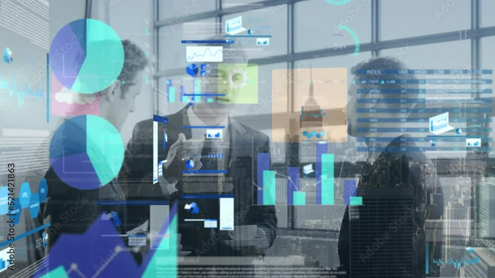Poster animation of graphical data moving on digital interface, caucasian colleagues discussing in office