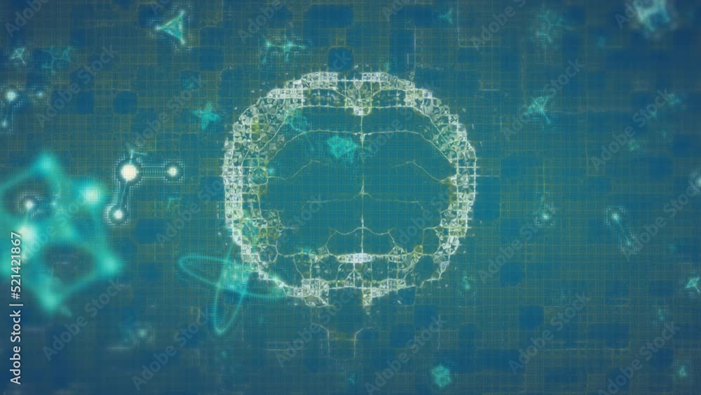 Poster animation of human brain rotating with molecule structures on computer graphic background
