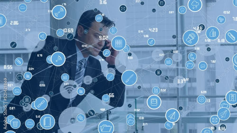 Aufkleber animation of icon networks connecting with lines against caucasian businessman talking on phone