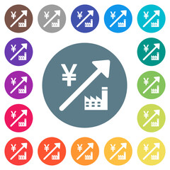 Rising power plant japanese Yen prices flat white icons on round color backgrounds