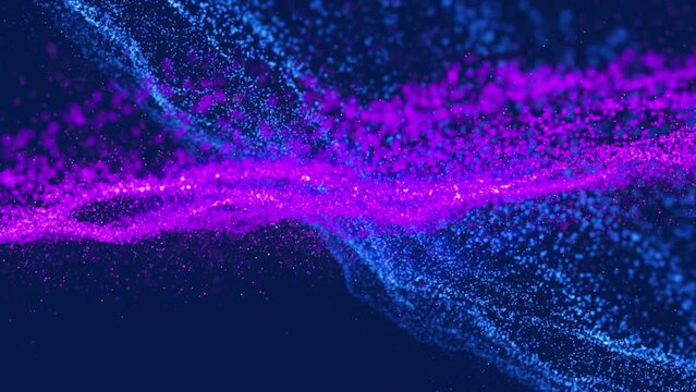 Animation of 3d neon blue, purple abstract particle waves moving on computer graphic background