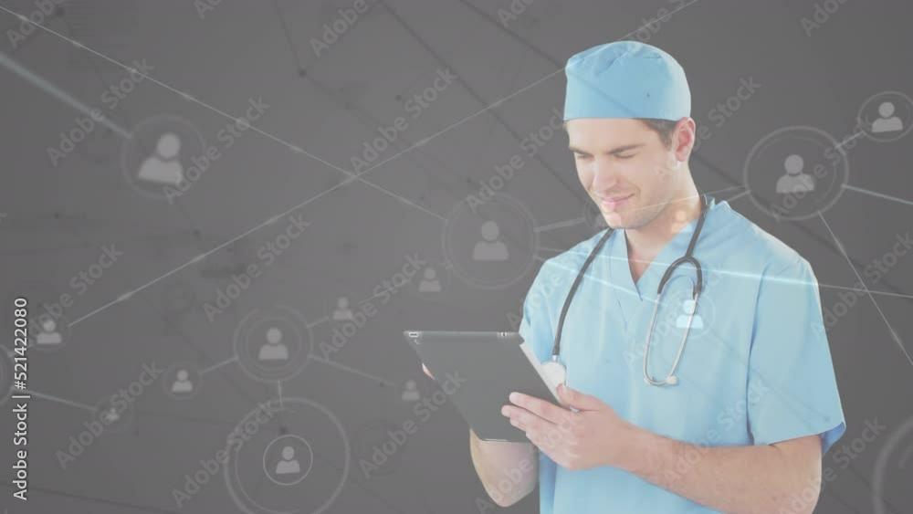 Poster animation of thoughtful caucasian doctor using tablet and profile icons interconnecting with lines
