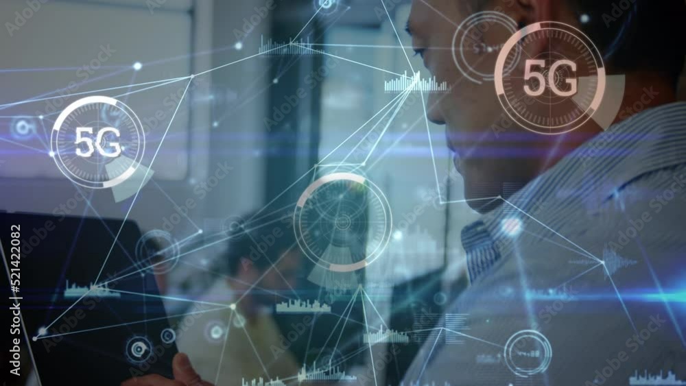 Poster animation of circles with moving graphs and 5g text over portrait of smiling asian man using tablet