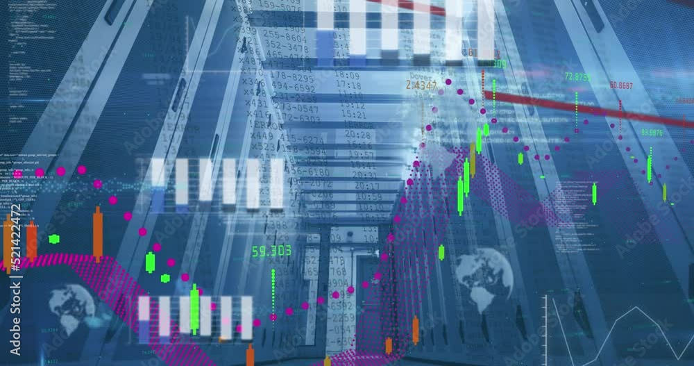 Aufkleber animation of statistics and data processing over computer server background