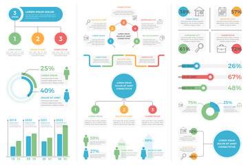 Set of infographic templates - steps and options, pie charts, process, bar graph, flowchart, people infographics