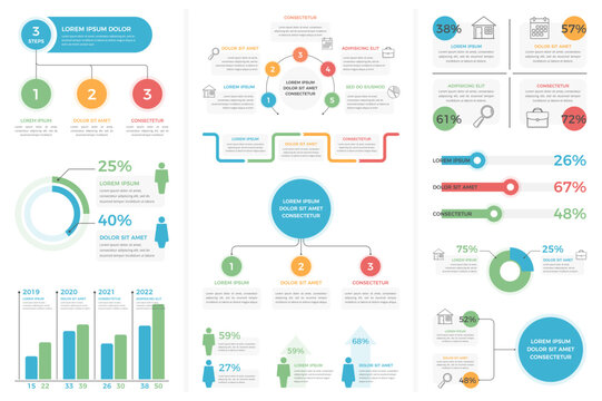 Set of infographic templates - steps and options, pie charts, process, bar graph, flowchart, people infographics
