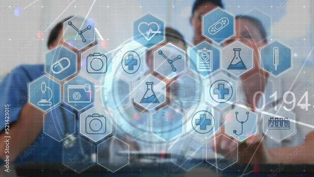 Poster animation of network of medical icons and data processing over diverse doctors