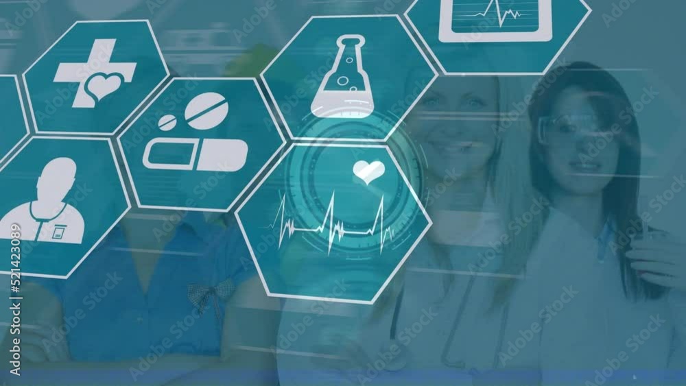 Aufkleber animation of network of medical icons and data processing over diverse doctors