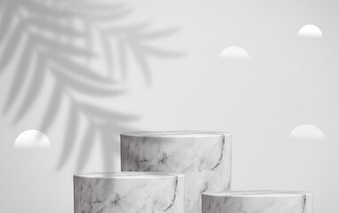 minimal round marble podium for product showcase, round cylinder with palm leaves shadows and clouds