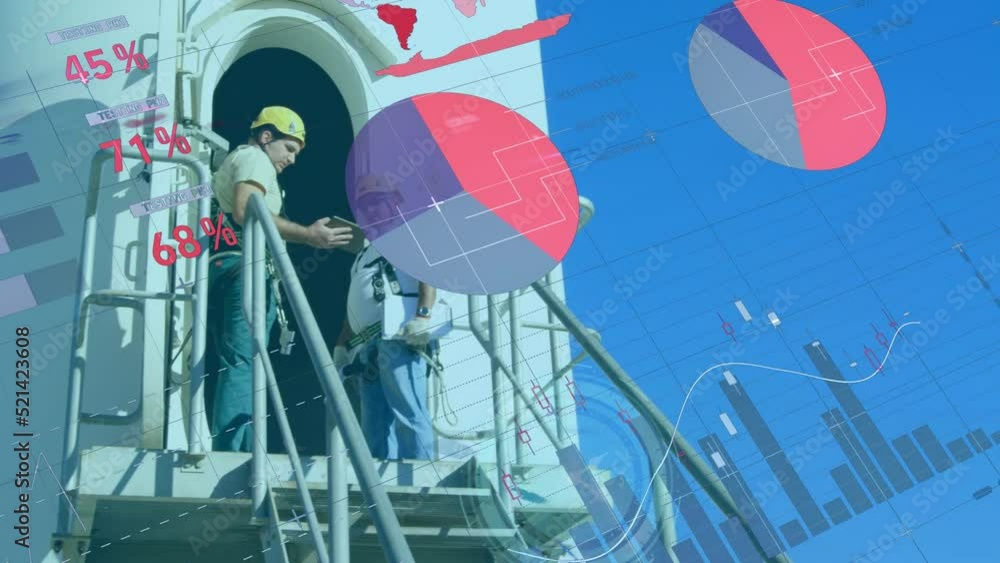 Poster animation of statistics and data processing over caucasian engineers on wind turbine