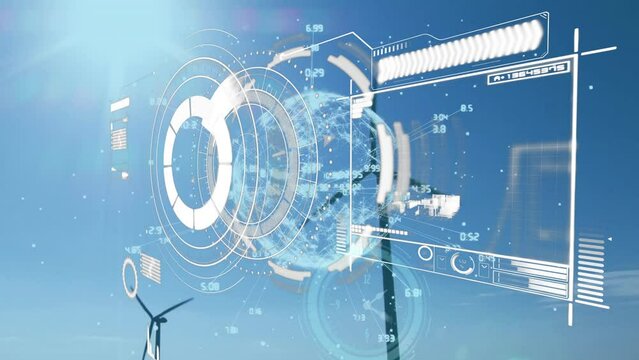 Animation of statistics and data processing over wind turbine - Powered by Adobe