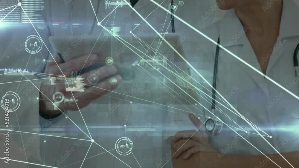 Poster animation of data processing and network of connections over diverse doctors using tablet