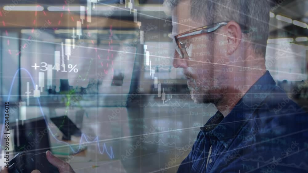 Poster Animation of financial data processing over caucasian businessman using camera