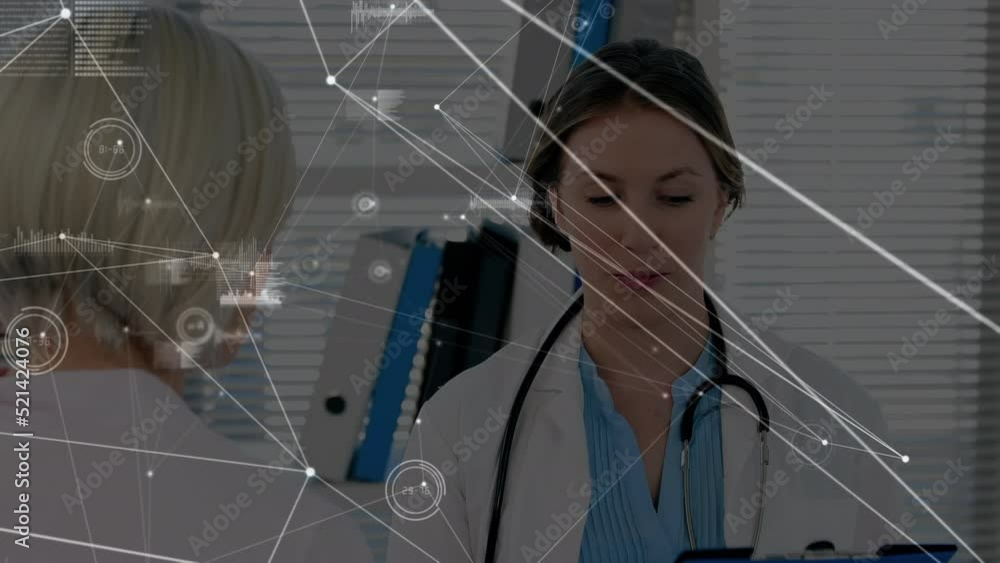 Aufkleber animation of data processing and network of connections over diverse doctors
