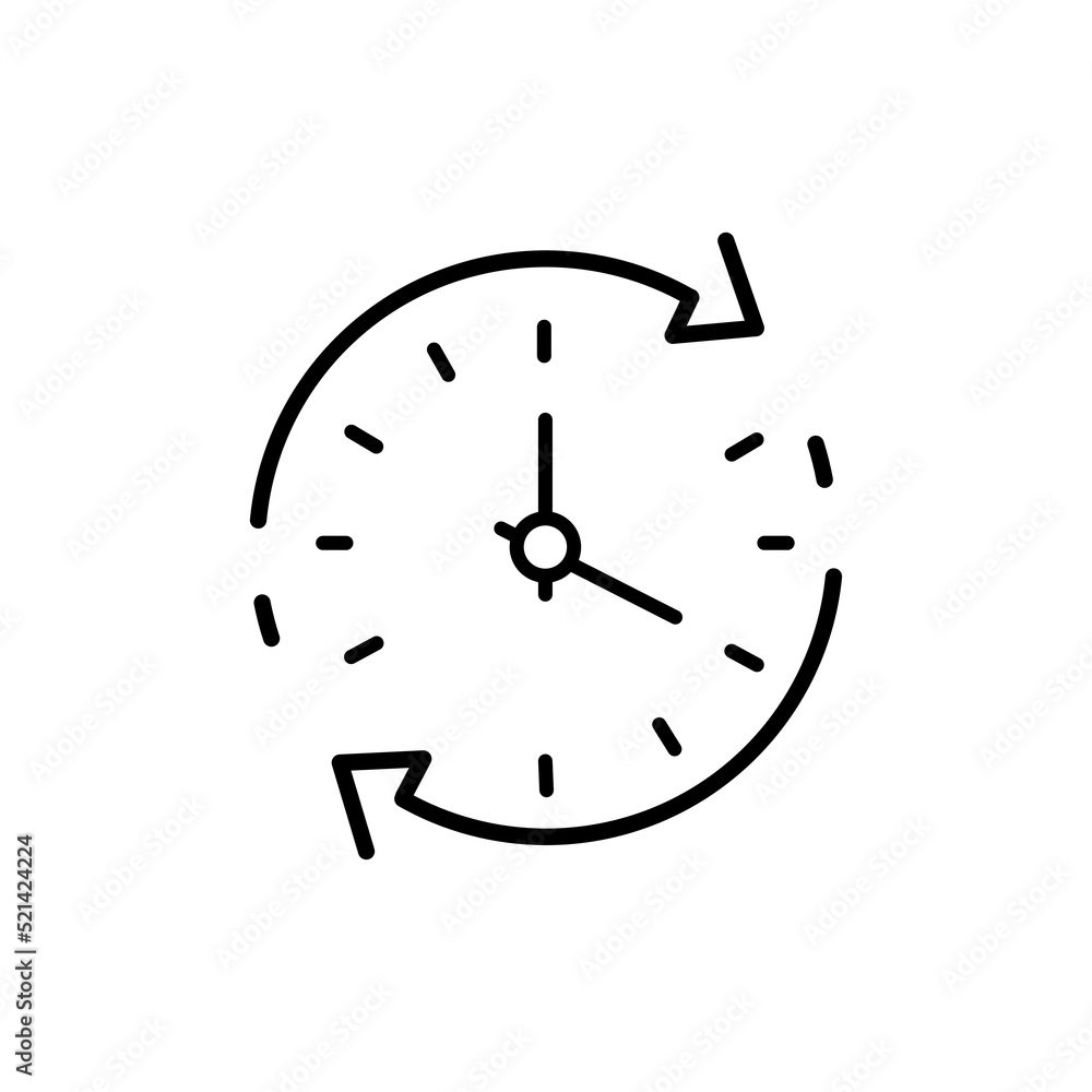Poster change or update date icon, forward or back time on clock, reverse time, thin line web symbol on whi
