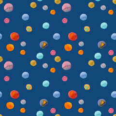 Seamless pattern bright colorful dots painted in watercolor on a blue background. For fabric, sketchbook, wallpaper, wrapping paper.