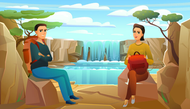 Tourists with backpacks and suitcases. Sits on luggage and waits. Near beautiful water reservoir among stones and rocks. Boy and girl or husband and wife. Vector.