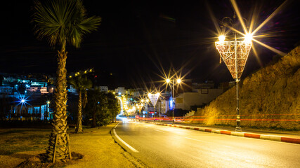 Al Hoceima, Morocco - 15 January 2022 : Streets of Al Hoceima city by night in Morocco