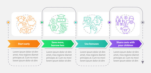 Tips for saving for college rectangle infographic template. Data visualization with 4 steps. Editable timeline info chart. Workflow layout with line icons. Myriad Pro-Bold, Regular fonts used