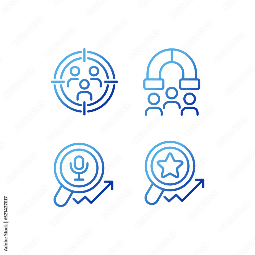Poster audience research and analysis pixel perfect gradient linear vector icons set. customer segmentation