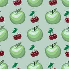 Green apples and red cherries on a light green background seamless pattern